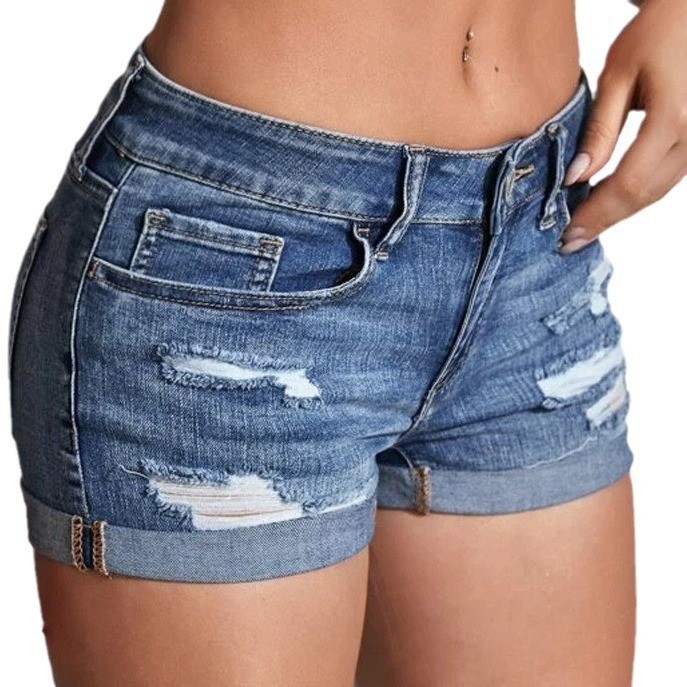 High Waist Washed Denim Shorts - Skinny Jeans Ripped 评论和价格