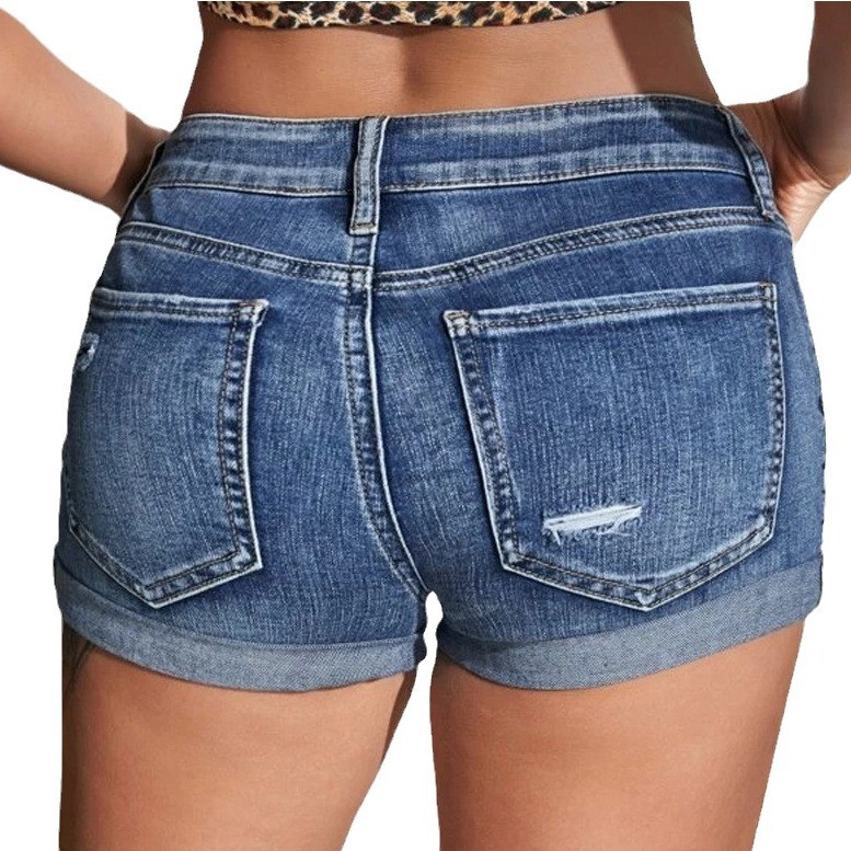 High Waist Washed Denim Shorts - Skinny Jeans Ripped 评论和价格
