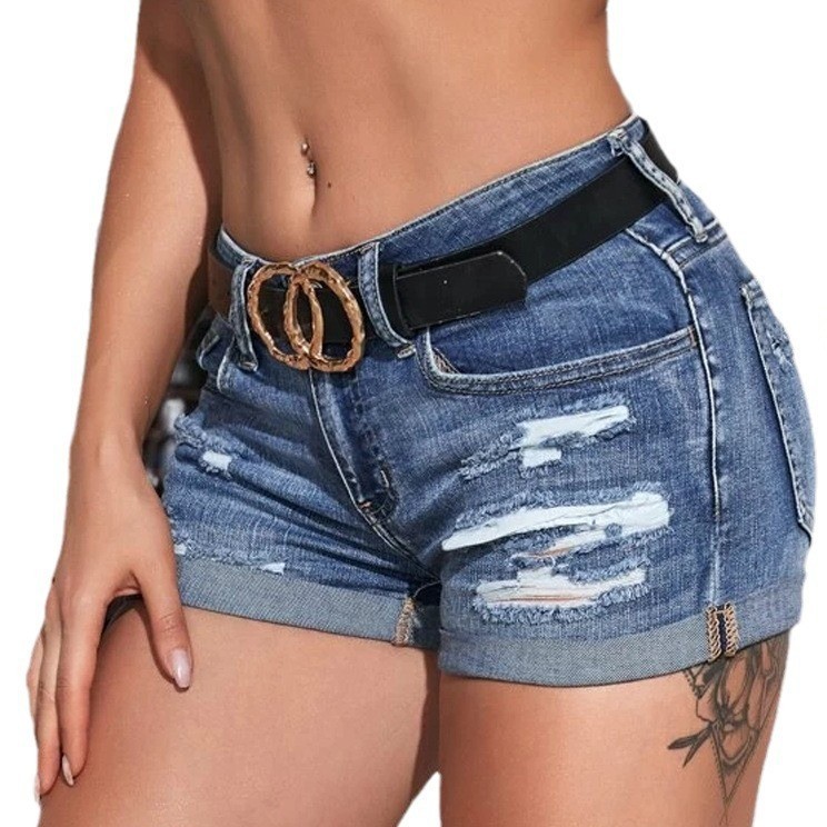 High Waist Washed Denim Shorts - Skinny Jeans Ripped 评论和价格