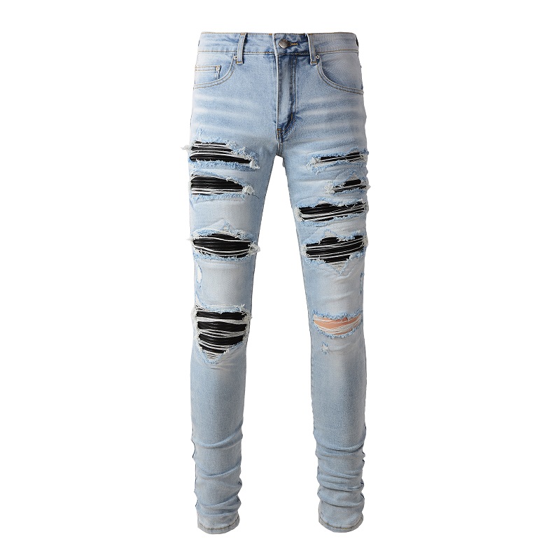 Men Black Pleated Patch Biker  - Skinny Jeans Ripped 评论和价格