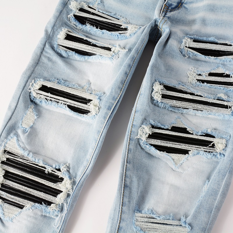 Men Black Pleated Patch Biker  - Skinny Jeans Ripped 评论和价格