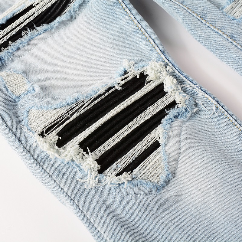 Men Black Pleated Patch Biker  - Skinny Jeans Ripped 评论和价格